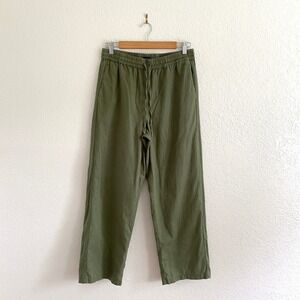 J. Crew Linen Cotton Blend Straight Wide Leg Drawstring Pant Olive Green 4